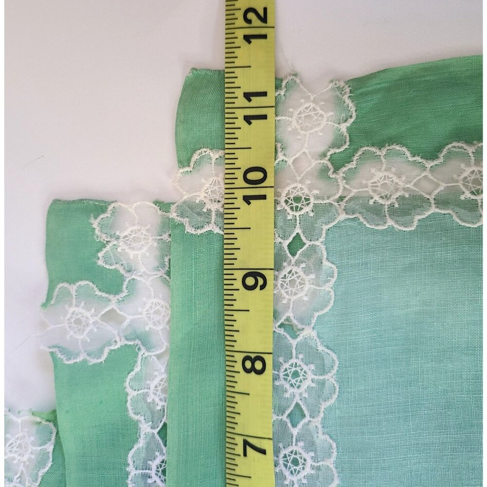 Vintage Green Linen Napkins Doilies White Floral Lace Embroidery Set Of 6 - Picture 9 of 10